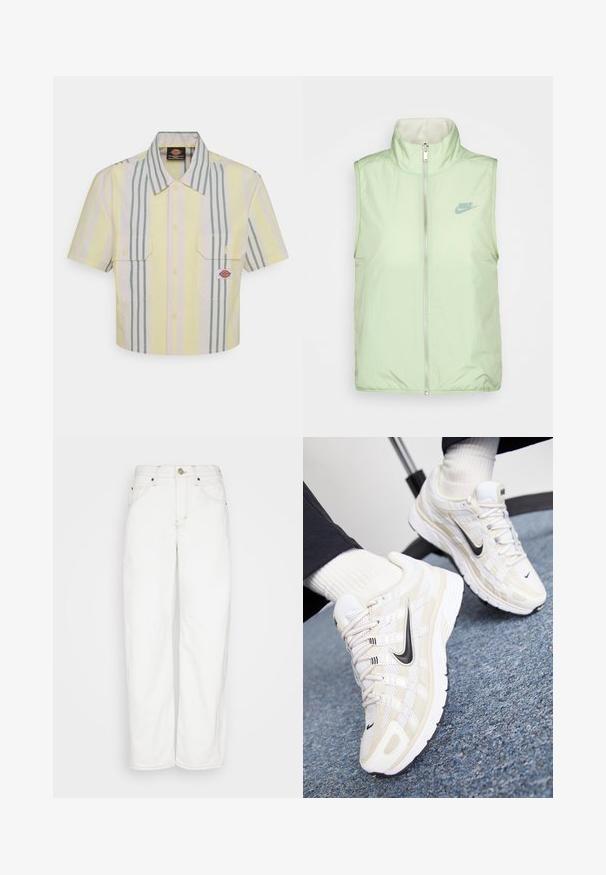 Nike Sportswear VEST - Vesta - honeydew/sea glass; Zastrihnutá košeľa s krátkym rukávom v svetložltej farbe s vertikálnymi zelenými a pastelovými pruhmi. Obsahuje dve náprsné vrecká a nášivku s logom na ľavom vrecku.; BDG Urban Outfitters LOGAN CINCH - Džínsy s rovným strihom - white; Biele a béžové tenisky Nike s vrchnou časťou z jemnej sieťoviny, textúrovaným prekrytím, čiernym swooshom a cushioned podrážkou s gripped vonkajšou časťou.