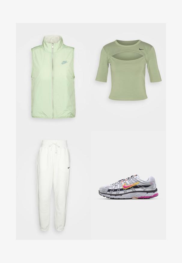 Nike Sportswear VEST - Vesta - honeydew/sea glass; Nike Sportswear CUTOUT - Tričko s potlačou - oil green/black; Biele teplákové nohavice vyrobené z mäkkého materiálu, s elastickým pásom a sťahovacou šnúrkou, bočnými vreckami a čiernym logom Nike na ľavom stehne.; Šedé bežecké topánky z materiálu mesh s charakteristickým ružovým a žltým piktogramom, čiernymi akcentmi a textúrovanou gumovou podrážkou. Obsahujú zosilnenú špičku a polstrovaný golier.