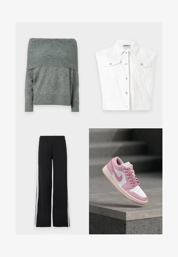 Veste sans manches en denim blanc avec un col, un devant à boutons et deux poches poitrine avec des boutons-pression en argent.; Pull à épaule dénudée en tricot gris chiné, avec une texture côtelée au niveau de l'encolure et des poignets, offrant une coupe décontractée et des manches longues.; Pantalon noir à jambes larges avec taille élastique et bandes blanches de style dentelle courant de chaque côté des coutures latérales.; Baskets Nike Air Jordan roses et blanches flottant au-dessus d'un rebord en béton avec des escaliers en arrière-plan flou.
