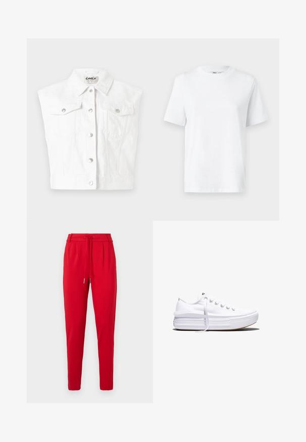 Veste sans manches en denim blanc avec un col, un devant à boutons et deux poches poitrine avec des boutons-pression en argent.; T-shirt en coton blanc à col rond, avec des manches courtes et une texture lisse. Conçu avec une coupe décontractée pour plus de confort et de polyvalence.; Pantalons rouges fuselés avec une taille élastique à cordon et des plis à l'avant, présentés sur un fond blanc.; Baskets basses blanches en toile avec semelle plateforme épaisse, lacets sur le devant et embout en caoutchouc texturé, vues de profil.