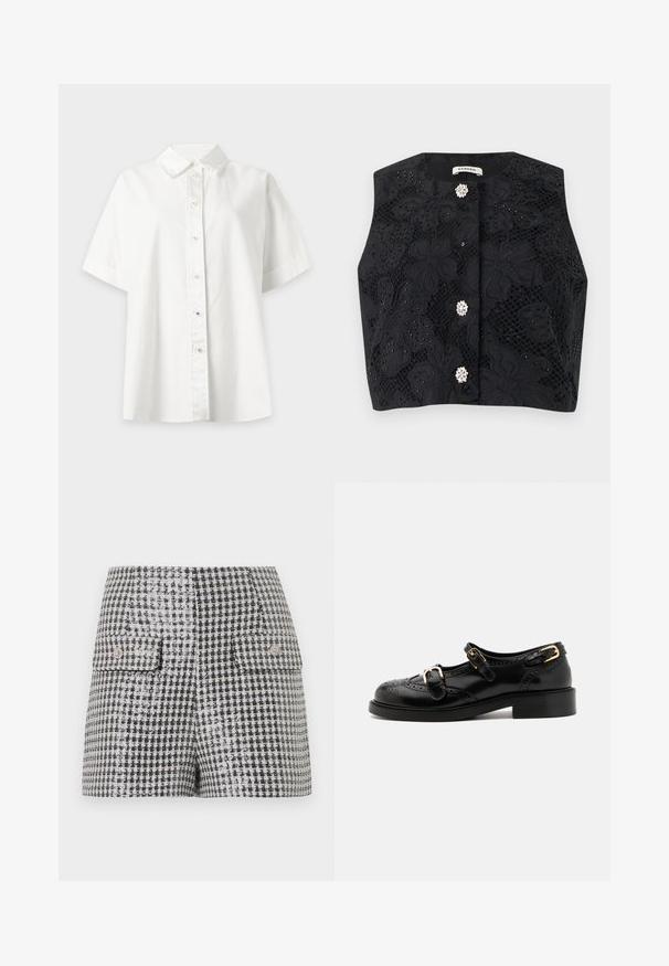 Veste courte noire sans manches avec motif en dentelle florale et trois boutons décoratifs semblables à des perles sur le devant.; Chemise blanche à manches courtes avec boutons et col pointu, présentée sur un fond gris clair.; Mini-jupe à motif pied-de-poule noir et blanc avec deux poches avant à rabat et boutons décoratifs.; Chaussures en cuir noir avec détails de brogue, dotées de deux sangles à boucle, d'un bout arrondi et d'un talon bas. Texture lisse avec finition brillante.