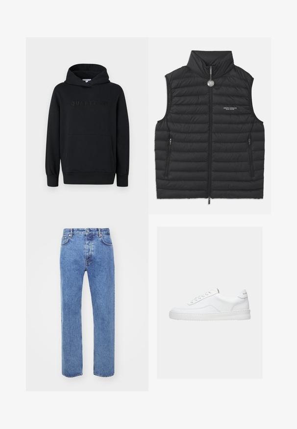 Gilet noir rembourré avec un col haut, fermeture éclair sur le devant, deux poches zippées sur les côtés et un logo sur la poitrine, présentant un matelassage horizontal.; Sweat à capuche noir, tissu doux, design à enfiler, poche kangourou à l'avant, logo "QUARTZ CO" en relief sur la poitrine, poignets et ourlet côtelés.; Won Hundred STEVE - Jean boyfriend - cut blue; Baskets basses blanches avec un design à lacets, dessus en cuir lisse et semelle épaisse, montrées de profil sur un fond uni.