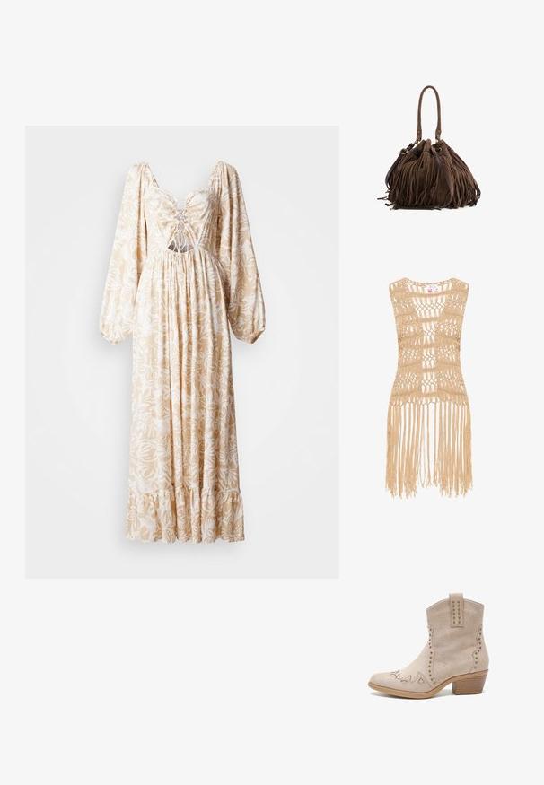 Beige hæklede top med en åben vævning og frynsedetaljer ved kanten. Materialet ser let og tekstureret ud.; Lang kjole med puffede ærmer i beige med hvidt blomstermønster, der har en samlet talje, snørebånd foran og frynsede kanter.; Beige ruskindsankelstøvle med spids tå, dekorativ syning og metalstuds langs kanterne. Har en lav, staplet hæl.; Brun ruskindstaske med lange frynser, et afrundet øverste håndtag og en justerbar læder skulderrem.