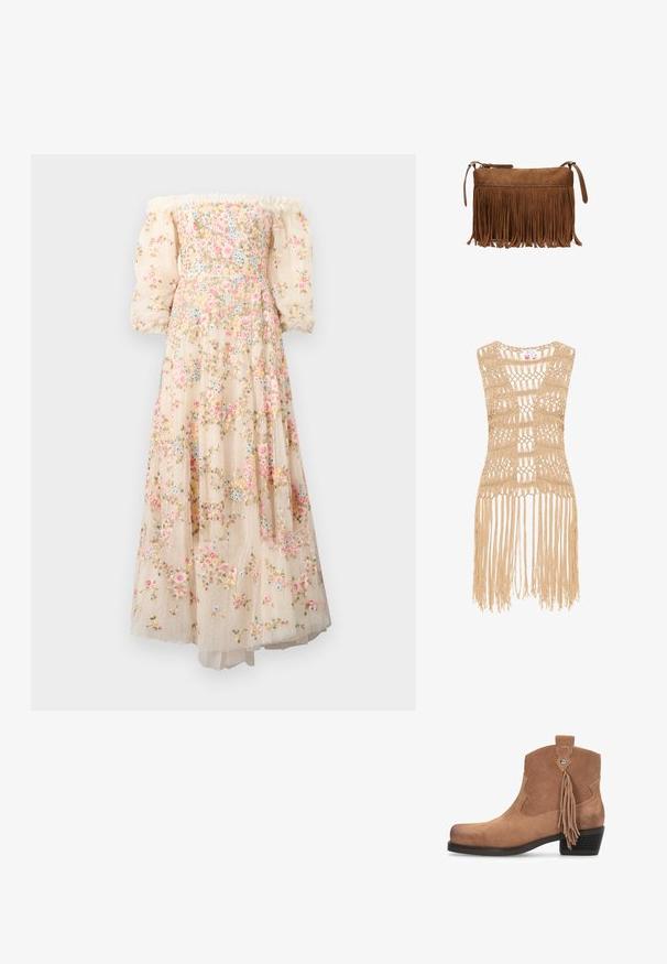 Beige hæklede top med en åben vævning og frynsedetaljer ved kanten. Materialet ser let og tekstureret ud.; Off-the-shoulder, cremet farvet kjole med blomsterbroderi, gennemsigtige puffærmer og en lagdelt, svævende nederdel med en prikket tekstur.; Brun ruskindsankelstøvle med en kort blokhæle, scalloped kanter og en dekorativ kvastdetalje. Glat tekstur, rundet tådesign.; Brun ruskind crossbody taske med lange frynser og lynlåslukning på hvid baggrund.
