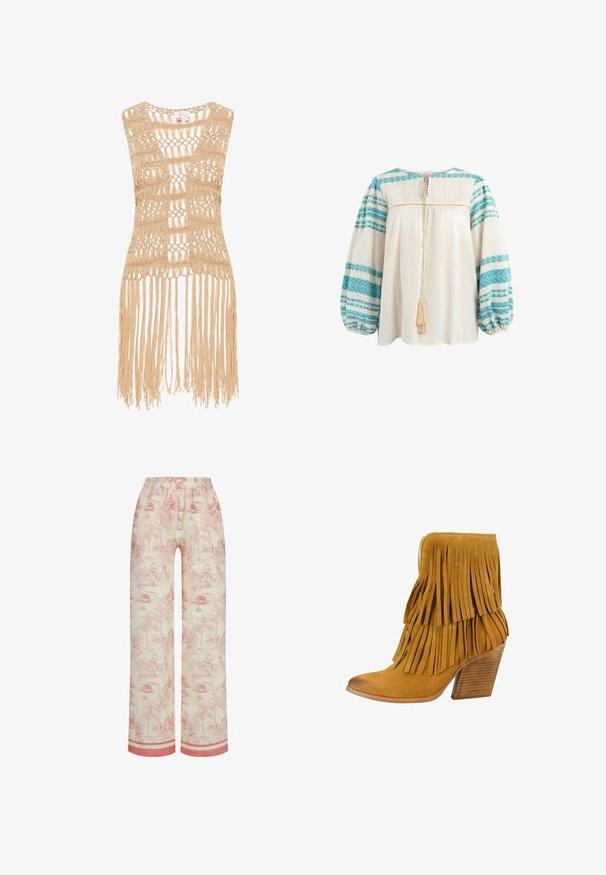 Beige gehäkeltes Vest-Top mit einer offenen Webstruktur und Fransen am Saum. Das Material wirkt leicht und strukturiert.; Weiße Bluse mit blauen gemusterten Ärmeln, runder Ausschnitt, gerafften Ballonärmeln und einer Bindeschließe mit einer Quaste auf der Rückseite.; Baumwollschlafanzughose mit einem hellbeigen Hintergrund, der ein rotes Toile-Muster zeigt, das ländliche Szenen darstellt. Elastischer Taillenbund und kontrastierender Saum.; Felmini Stiefelette - sand
