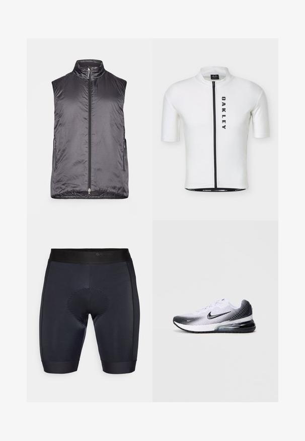 Houdini VEST - Liivi - true black; Valkoinen lyhythihainen pyöräilypaita, jossa on musta pystysuora vetoketju ja "OAKLEY"-teksti painettuna pystysuoraan etuosan oikealle puolelle.; Mustat pyöräilyshortsit, joissa on sileä pinta, keskellä pehmustus ja musta joustava vyötärö, jossa on "GripGrab" -brändäys.; Valkoiset ja mustat urheilukengät, joissa on hengittävä verkkomateriaali, suurikokoinen ilmatyynyyksikkö ja erottuva pistekuviointi kantapään alueella.