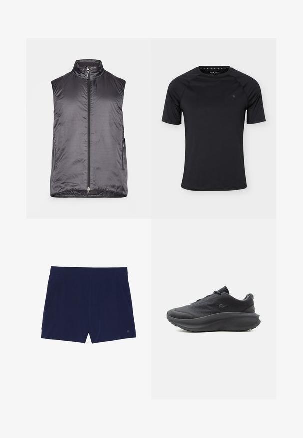 Houdini VEST - Vest - true black; Must sportlik lühikeste varrukatega t-särk ümmarguse kaelusega ja väike logo vasakul rinnal, esitatud lihtsal heledal taustal.; Tumedate sinised ujumispüksid, mis on valmistatud kerge tekstuuri materjalist, elastse vöökoha ja kahe küljetaskuga säilitamiseks.; Mustad sportlik toss tekstuuriga pealsega, paeltega kinnitatav, paksude pehmete talladega ja väikese krokodillimärgiga külgedel.