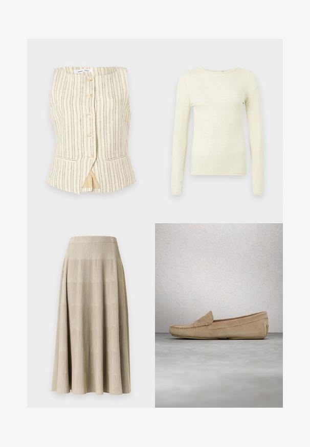 Ærmeløs beige vest med lodrette striber, knaplukning foran, to sidelommer og en let udvidet kant nederst. Teksturen virker let og åndbar.; Langærmet top i blødt lysegult stof. Har rund halsudskæring og en slank pasform, med en glat tekstur og minimal sømdetaljering.; Beige plisseret nederdel med tekstureret stof. Har vertikale striber og et udvidet design, der ender lige under knæet.; Beige ruskinds loafers med broderet tådetalje og en glat overflade. Flad hæl og afrundet form. Minimalistisk design uden udsmykninger.