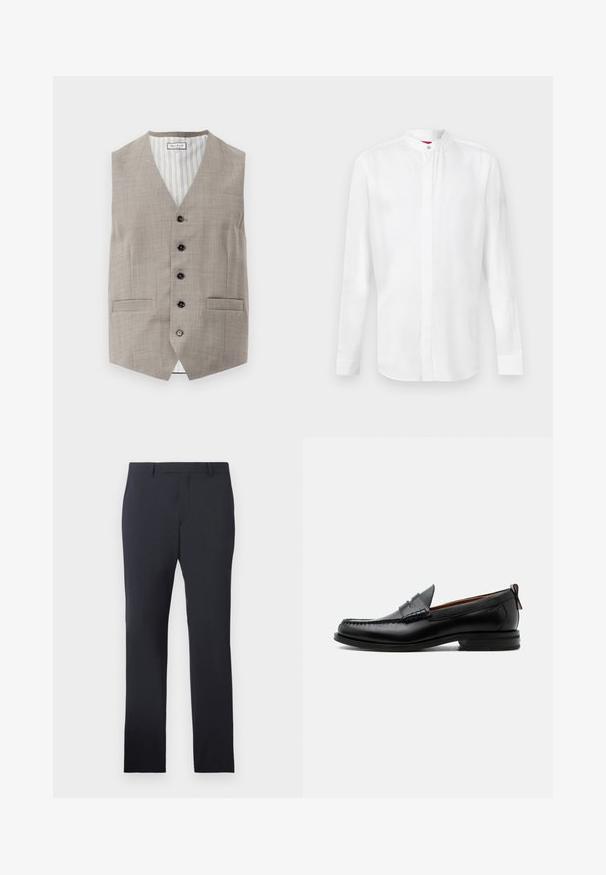 Gilet gris clair en tissu texturé, avec un col en v, six boutons noirs, deux poches avant et une doublure rayée.; Chemise blanche à manches longues avec col officier et patte de boutonnage cachée, présentée sur un fond clair uni.; Pantalons formels navy en tissu lisse. Présentent un devant plat, des passants de ceinture et des poches latérales, avec une coupe droite ajustée.; Mocassin homme en cuir noir avec couture moc toe, bride penny, col texturé et petit talon empilé sur fond blanc.