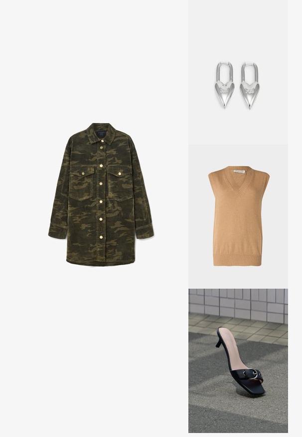 V-hals, ærmeløs sweater i blødt kamelfarvet strik med ribbet kant, lavet af fine materialer. Simpelt design uden yderligere mønstre eller accenter.; Langærmet grøn og brun camo kordfløjl skjortejakke med krave, knaplukning foran og to brystlommer med klap.; Sort højhælet mule-sandal med firkantet tå, sølvspænde på rem, placeret på asfalt nær flisebelagt væg.; Avgvst YES NO HEART LOCK EARRINGS - Øreringe - silver-coloured