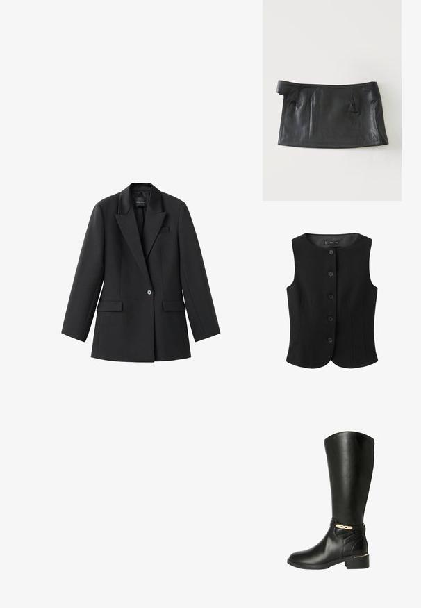Sort ærmeløs vest med rund halsudskæring, fem knapper foran, skræddersyet pasform og lodrette sømme for form. Fremstillet af struktureret stof.; Sort blazer lavet af glat stof med en spids revers, enkelt knaplukning og to sidelommer. Skræddersyet pasform med lange ærmer.; Sorte knæhøje støvler i glat læder med en guld-tone accent og spænde. Har en blokhæl og detaljeret syning på siden.; Sort lædernederdel med asymmetrisk linning på hvid baggrund.