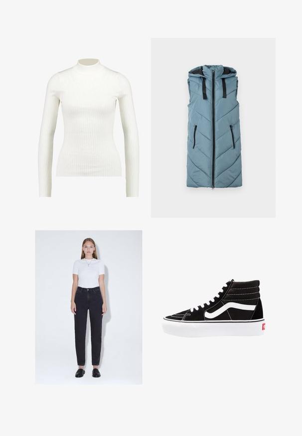 Gilet sans manches en duvet de couleur bleu clair avec une fermeture éclair à l'avant, des poches zippées noires et un motif en chevrons. Comprend une capuche et une doublure intérieure contrastée.; Haut à col roulé long à manches longues en blanc côtelé, au design ajusté et à la texture lisse, avec un col haut et une silhouette élancée.; Jeune femme aux cheveux raides porte un haut blanc à manches courtes, un jean noir taille haute, des chaussures noires sans lacets et un collier pendentif, debout.; Baskets montantes noires avec des lacets blancs, un logo blanc et des coutures blanches contrastées. Dotées d'une épaisse semelle blanche et d'un dessus en daim texturé.