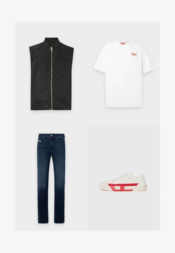 Blouson aviateur noir sans manches en nylon lisse, doté d'une fermeture éclair frontale, d'un col côtelé et d'une broderie discrète du logo sur la poitrine.; T-shirt blanc en coton à manches courtes avec un logo rouge "DIESEL" sur la poitrine gauche, bénéficiant d'une coupe décontractée et d'un design simple.; Jean en denim bleu foncé avec une coupe droite, comportant un style classique à cinq poches et une fermeture à bouton en métal à la taille.; Baskets en toile avec un dessus blanc, des accents en caoutchouc rouge et un design texturé. Elles présentent une tête arrondie et cinq œillets pour les lacets.