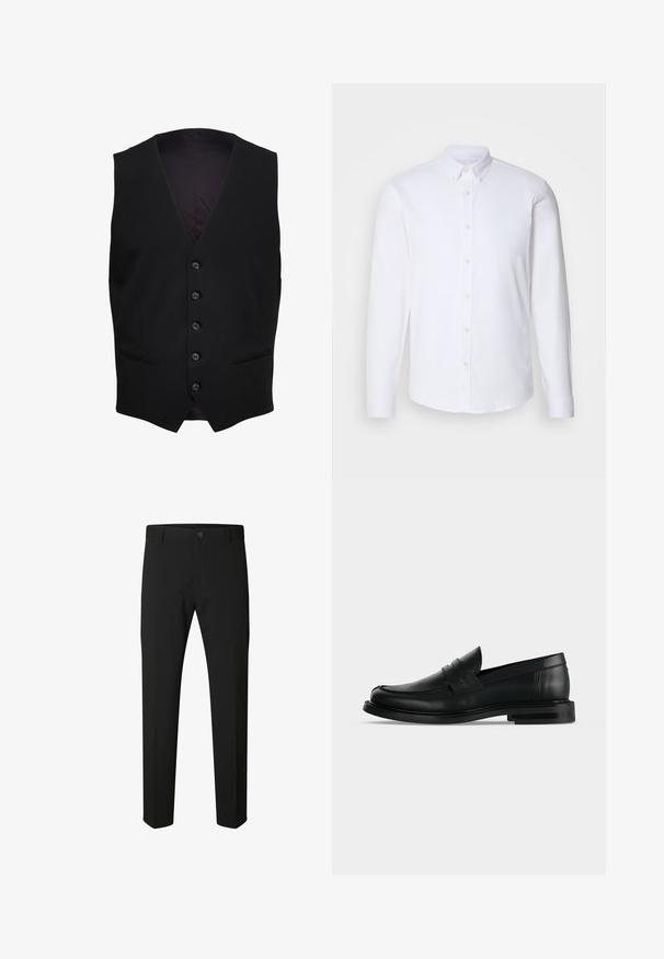 Chaleco formal negro con cinco botones al frente y dos bolsillos horizontales con abertura en cada lado.; Camisa blanca de manga larga y botonadura, hecha de una tela suave, con un cuello clásico, ocho botones en el frente y puños estándar.; Pantalones negros de corte ajustado con cierre de botón y cremallera, trabillas para cinturón y piernas rectas sobre fondo blanco.; Mocasín penny negro de cuero para hombre con tacón bajo y apilado y puntera redondeada, mostrado de lado sobre un fondo gris claro.