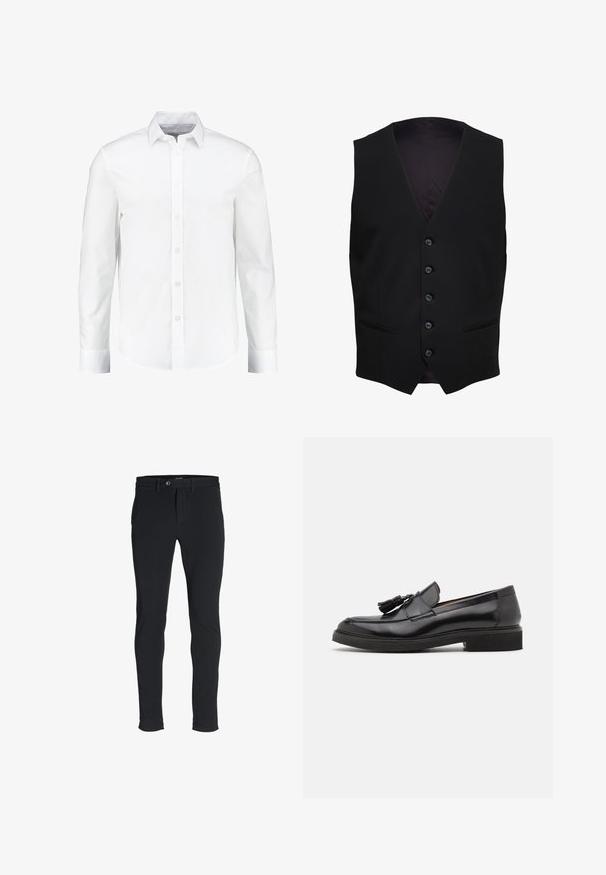 Gilet formel noir avec cinq boutons sur le devant et deux poches horizontales fendues de chaque côté.; Chemise blanche à manches longues à boutons, fabriquée en coton lisse. Dotée d'un col classique et d'une fermeture à boutons à l'avant avec un ourlet droit.; Pantalons noirs ajustés avec une texture lisse, dotés d'une fermeture éclair, d'un bouton de fermeture et d'un ourlet retroussé.; Mocassins en cuir noir avec des détails en franges, bout rond et semelle texturée. Présente une finition lisse et un design minimaliste.