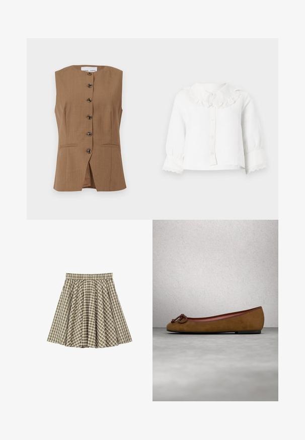 Brun ærmeløs vest med høj krave, seks mørke knapper ned foran og to skrå lommer. Glat, struktureret stof.; Hvid babybluse med lange ærmer, bølget blondekrave og manchetter, knapper foran og let opsamlede ærmer.; Plisseret nederdel med elastisk talje i beige, hvid og brun ternet mønster, vist fladt på en hvid baggrund.; Brune ruskinds ballerina med afrundet tå, med en knyttet detalje på fronten, tynd rød kant og en flad sort sål.