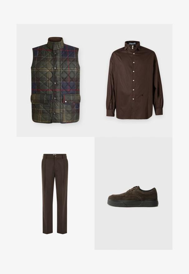 Veste matelassée sans manches avec col montant, motif tartan vert foncé et bleu marine, boutons-pression à l’avant et deux poches à rabat avec boutons-pression.; Chemise longue à manches marron en tissu lisse avec un col classique, fermeture à boutons sur le devant et poignets élastiqués ; présente un détail logo subtil.; Pantalon marron foncé sur mesure avec plis à l'avant, passants de ceinture, fermeture par bouton et coupe droite.; Baskets en suede marron avec une silhouette basse, un bout rond, un design à lacets, une semelle en caoutchouc noir texturé et un branding minimal.