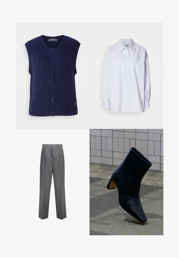 Mos Mosh MMALMINE THORA KNIT VEST - Weste - maritime blue; Hellblaues Baumwollhemd mit Knopfleiste. Verfügt über einen spitzen Kragen, lange Ärmel und eine einzelne Brusttasche. Glatte Textur.; Graue maßgeschneiderte Hosen mit geradem Bein, featuring Frontfalten, einer glatten Textur und einem klassischen Bunddesign.; Schwarzer Lederknöchelstiefel mit Blockabsatz, der auf grauem Pflaster vor einer hell gekachelten Wand steht.