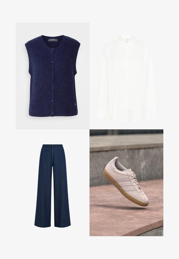 Mos Mosh MMALMINE THORA KNIT VEST - Vesta - maritime blue; Biela košeľa s dlhými rukávmi, zapínaná na gombíky, s klasickým golierom a normálnym strihom. Vyrobená z hladkej tkaniny, s ôsmimi gombíkmi na prednej strane.; Široké tmavomodré džínsy so rovnými nohavicami, vyrobené z denimu. Majú vysoký pás a jemné detaily švov. Žiadne viditeľné kovové prvky.; Svetloružová semišová teniska s podrážkou z gumy. Má tri bočné pruhy a vyrazený nápis "Gazelle" na vonkajšej strane.