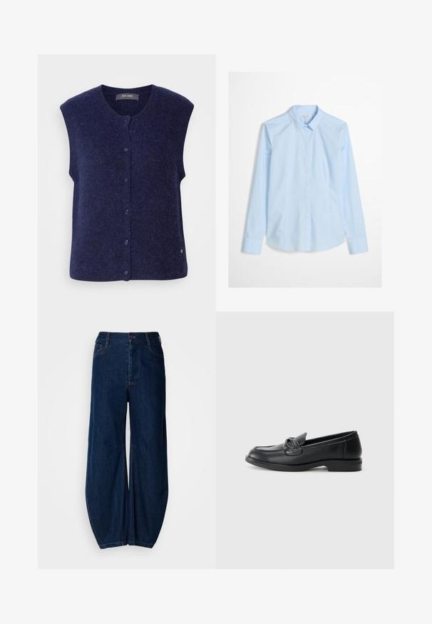Mos Mosh MMALMINE THORA KNIT VEST - Vest - maritime blue; Lyseblå skjorte med knapper og lange ærmer, klassisk krave og et subtilt logo broderet på brystet. Glat, skarpt stoftekstur.; Mørkeblå denim brede benjeans med høj talje, knaplukning og to frontlommer. Har en glat struktur og synlige sømme.; Sorte læder loafers med rund tå, en syet design og en sløjfeaccent på overlappen. Lav blokhæl og glat tekstur.