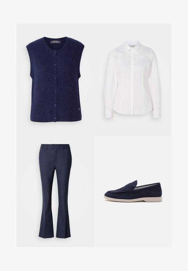 Mos Mosh MMALMINE THORA KNIT VEST - Vest - maritime blue; Hvid skjorte med knaplukning lavet af glat bomuld, med klassisk krave, lange ærmer og et diskret logo på brystet. Har frontknaplukning.; Mos Mosh CARIE - Bukser - maritime blue; Marineblå suede loafers med rund tå og syet detaljering. Har en polstret tunge og en lys beige gummisål for komfort.