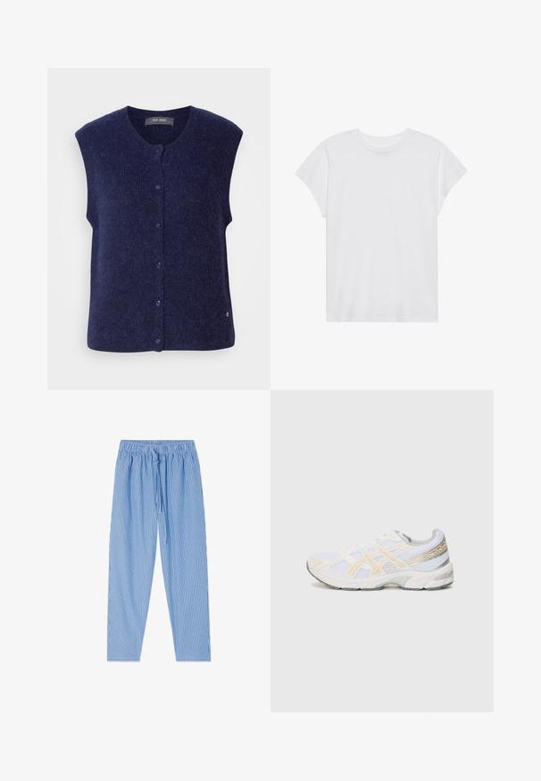 Mos Mosh MMALMINE THORA KNIT VEST - Vesta - maritime blue; Biela krátka rukávová tričko s okrúhlym výstrihom, voľný strih, vyrobené z jemnej bavlnenej látky. Hladká textúra, bez vzorov alebo log.; Modré a biele nohavice s vertikálnymi pruhmi, elastickým pásom a sťahovacou šnúrkou, položené na bielom pozadí.; Biele športové topánky z sieťoviny s ľahko oranžovými a šedými akcentmi, textúrovanou podrážkou a polstrovaným golierom pre pohodlie.