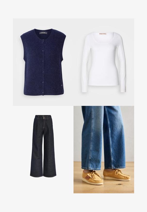 Mos Mosh MMALMINE THORA KNIT VEST - Γιλέκο - maritime blue; Μακρυμάνικη λευκή βαμβακερή μπλούζα T-shirt με στρογγυλή λαιμόκοψη και εφαρμοστή γραμμή, με λεία υφή και χωρίς διακοσμητικά στοιχεία.; Σκούρο μπλε τζιν παντελόνι με φαρδιά γραμμή και πιέτες, κλείσιμο με κουμπί και θηλιές για ζώνη, τοποθετημένο σε λευκό φόντο.; Δερμάτινα σουέντ μπαλαρίνες σε στυλ μοκάσιν, με φούντες, στρογγυλή μύτη και κρεμιά καουτσούκ σόλα, συνδυασμένες με καλοκαιρινά τζιν παντελόνια μπλε. Ξύλινο δάπεδο στο φόντο.