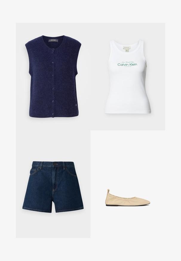 Mos Mosh THORA VEST - Bodywarmer - maritime blue; Witte geribbelde mouwloze Calvin Klein tanktop met groene tekst "New York City Calvin Klein Established 1968" op de voorkant.; Donkerblauwe denim shorts. Voorzien van een klassieke snit met een tailleband, voorzakken en zichtbare naden. Soepele textuur, minimalistisch ontwerp.; Beige leren ballerina's met een gerimpelde elastische opening, puntige neus en platte zool. Zachte textuur met een minimalistisch ontwerp.