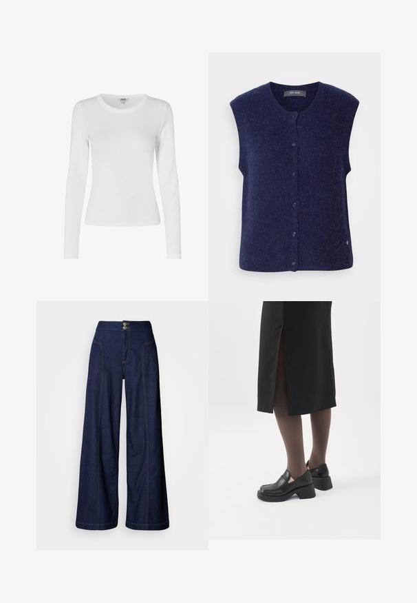 Mos Mosh MMALMINE THORA KNIT VEST - Γιλέκο - maritime blue; Λευκή μακρυμάνικη μπλούζα από ελαστικό ύφασμα με στρογγυλή λαιμόκοψη, λεία υφή, εφαρμοστή γραμμή και ραβδωτές λεπτομέρειες κατά μήκος των μανικιών και του στριφώματος.; Τζιν παντελόνι φαρδύ στο τελείωμα σε σκούρο ντένιμ με αντίθετη πορτοκαλί ραφή, δύο μπροστινές τσέπες και κλείσιμο με διπλό κουμπί στη μέση.; Γυναίκα με μαύρα loafers με χοντρό τακούνι, μαύρες διάφανες κάλτσες και μαύρη φούστα με σκίσιμο πίσω σε λευκό φόντο.