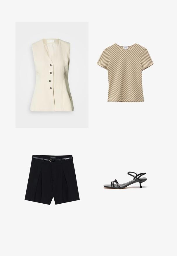 Top de chaleco sin mangas en color crema, hecho de tela texturizada, con escote en V y cuatro botones de tono plateado en la parte delantera.; Camiseta beige y marrón con rayas diagonales, manga corta, cuello redondo, corte holgado y tejido ligero.; Shorts negros a medida con pliegues, que cuentan con un cinturón negro delgado con hebilla dorada. Elaborados en un tejido suave, ofrecen un aspecto pulido.; Sandalia de cuero negro con un diseño elegante y minimalista. Presenta dos correas delgadas y un pequeño tacón inclinado. Textura suave y punta abierta.