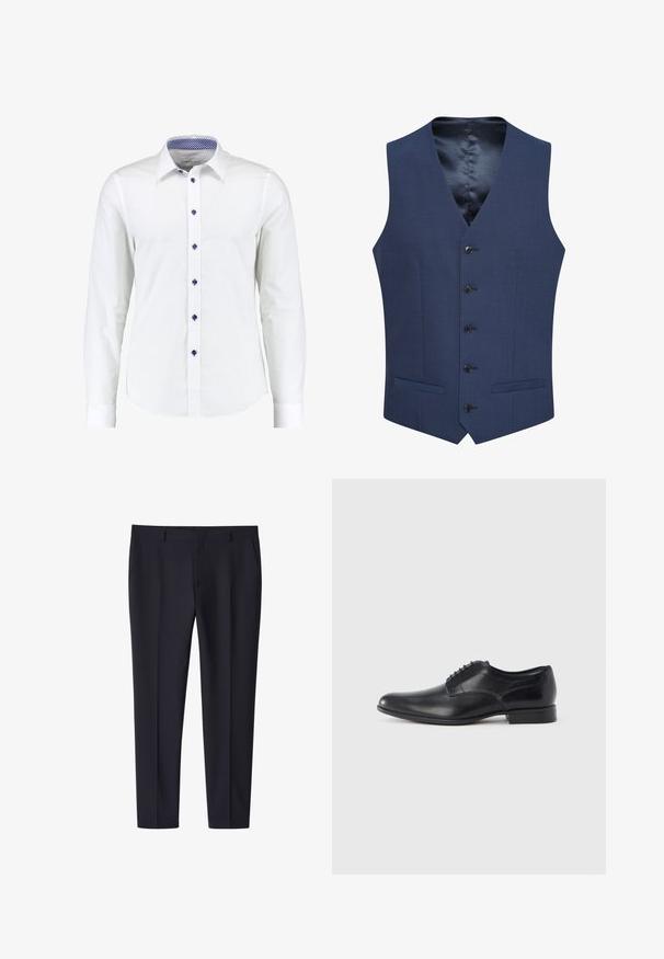 Gilets bleu marine en tissu texturé, avec une fermeture à cinq boutons à l'avant et deux poches latérales. Doublés d'une intérieure lisse et à motifs.; Chemise blanche à manches longues avec un col à boutons, dotée de boutons d'accent bleus et d'un motif à carreaux bleus à l'intérieur du col.; Pantalon formel slim bleu marine avec passants pour ceinture et poches latérales, pli frontal, adapté pour un usage professionnel ou formel.; Chaussure habillée en cuir noir à bout pointu, texture lisse, six œillets pour les lacets et des accents de couture subtils sur la tige. Talon bas.