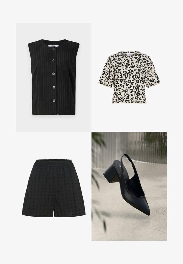Chaleco negro sin mangas de botones con finas rayas verticales blancas y escote redondo.; Top de punto de manga corta con estampado de leopardo en blanco y negro y escote redondo.; Shorts negros con una tela texturizada que presenta un patrón de cuadrícula y pequeños cortes. Cintura elástica para mayor comodidad y flexibilidad.; Zapato de tacón slingback de cuero negro con punta afilada y tacón cuadrado. Textura suave, diseño minimalista y correa ajustable en el tobillo.