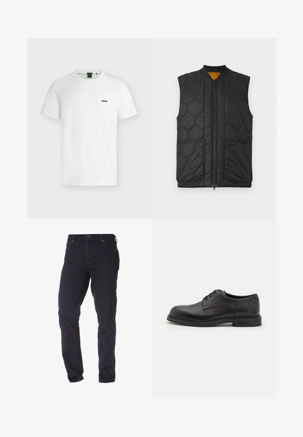 Gilet rembourré noir avec une fermeture éclair à l'avant, un col rond et deux poches avant. Doublé avec un tissu orange à l'intérieur.; T-shirt blanc uni à manches courtes avec un petit logo noir "BOSS" sur la poitrine gauche, présenté sur un fond clair.; Jean en denim droit bleu marine avec fermeture à bouton et fermeture éclair à l'avant, passants de ceinture, et poches avant et arrière.; Emporio Armani LACED SHOE - Derbies - nero