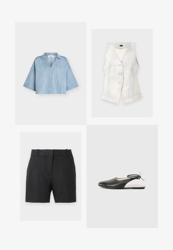 Gilet beige clair sans manches avec fines rayures verticales, trois boutons sur le devant, coupe ajustée et étiquette BOSS à l’intérieur du col.; Chemise courte en jean bleu clair avec de larges manches jusqu'au coude, boutonnière à l'avant et col, présentée sur un fond uni.; Short noir taille haute, ajusté, avec passants de ceinture, fermeture éclair cachée à l'avant et un design épuré et minimaliste sur fond blanc.; Chaussure en cuir noir avec un bout pointu et un talon ouvert, dotée d'une sangle à la cheville avec un accent métallique. Semelle plate ; design minimaliste.