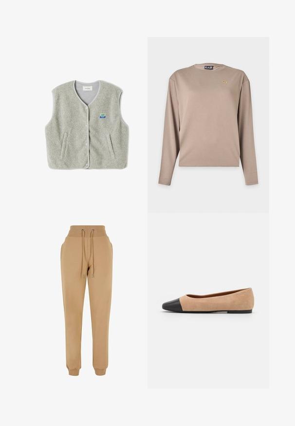 Grå fleece vest med knaplukning, to sidelommer og et lille farverigt brandlogo på venstre side. Kanterne har kontrastfarvet trim.; Langærmet beige skjorte med rund hals og lille gyldent EA7-logo på venstre bryst, vist på en ensfarvet lyse baggrund.; Sennepsfarvede joggers lavet af blødt materiale, med elastisk talje og snøre, sidelommer og ribbede manchetter ved anklerne.; Beige ruskind balletflade med en sort læder rund tåkap, lav hæl og glat tekstur, der har minimal syning og et enkelt design.