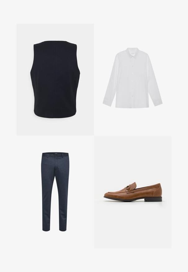 Mouwloze top, effen marineblauwe kleur, gemaakt van een zachte stof. Heeft een ronde halslijn en een strakke, minimalistische uitstraling zonder zichtbare hardware.; Witte blouse met lange mouwen van soepel stof, met een puntige kraag, voorkant met knoopsluiting en manchetten met één knoop.; Marineblauwe broek van textuurstof met een slim fit, voorzien van een knoopsluiting en ceintuurlussen, geschikt voor zowel casual als formele gelegenheden.; Bruine leren loafers met een platte hak, voorzien van een decoratieve metalen accent aan de voorkant, elegant ontwerp en een gladde textuur.