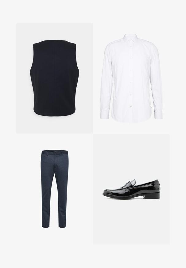 Top sin mangas, de color azul marino sólido, hecho de una tela suave. Presenta un escote redondeado y un diseño limpio y minimalista sin hardware visible.; Camisa blanca de manga larga hecha de algodón. Presenta un cuello, cierre frontal con botones y puños con un solo botón. Textura suave, diseño limpio.; Pantalones azul marino de tejido texturizado con corte ajustado, que cuentan con cierre de botón y trabillas para cinturón, adecuados para uso casual o formal.; Zapato tipo mocasín para hombre de charol negro con tacón bajo, punta redondeada y detalle de correa sobre el empeine, sobre fondo blanco.