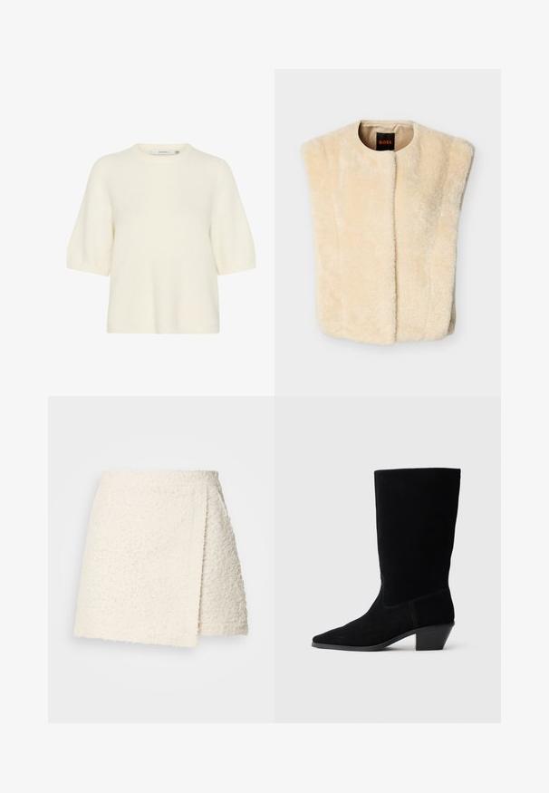 Crème fauxfur gilet met een ronde hals, open voorkant en zonder mouwen. Zachte textuur en gladde voering aan de binnenkant. Merklabel zichtbaar.; Korte mouwen, ronde hals trui gemaakt van zacht, pluizig materiaal in off-white. Beschikt over een relaxte pasvorm met geribde manchetten en boord.; Crèmekleurige mini-rok van gestructureerde stof met een asymmetrische overslag aan de voorkant en een rechte tailleband op een effen achtergrond.; Zwarte suede enkellaars met een spitse neus, een schacht van gemiddelde hoogte en een chunky hak. Heeft minimaal stikwerk en een gladde textuur.