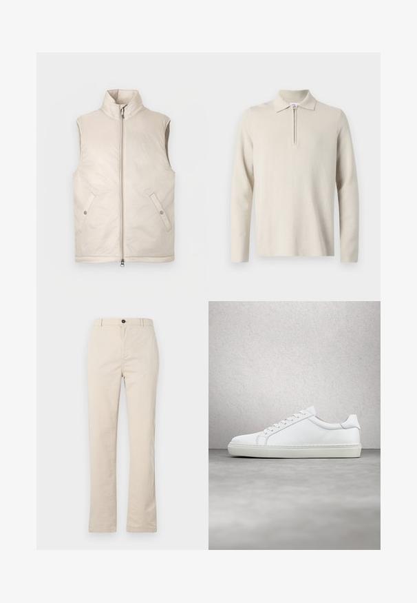 Beige uden ærmer, polstret vest med høj krave, lynlås foran og to sidelommer, med en glat tekstur og minimalistisk design.; Cremefarvet langærmet polo skjorte med lynlås i kraven, lavet af blødt, struktureret stof, med en klassisk pasform og minimalistisk design.; Lyse beige bomuldsbukser med lige ben-design, der har en frontknaplukning, lynlåslukning og minimale syninger.; Hvide sneakers med en glat læderoverdel og lav profil. Har en rund tå, seks snørehuller og en tekstureret gummisål.