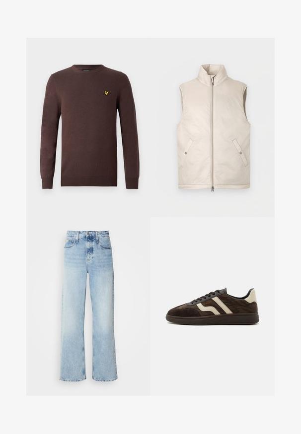 Beige uden ærmer, polstret vest med høj krave, lynlås foran og to sidelommer, med en glat tekstur og minimalistisk design.; Brun sweater lavet af blødt strikstof med rund halsudskæring og lange ærmer. Broderet gul fugl som pynt på brystet.; Lysblå vide jeans med høj talje, der har en falmet finish, bæltestropper og klassisk fem-lomme design. Kantene er rå.; Mørkebrun ruskind og fløjlssneaker med beige sidelister, snørelukning foran og tekstureret gummisål, vist fra siden mod en hvid baggrund.
