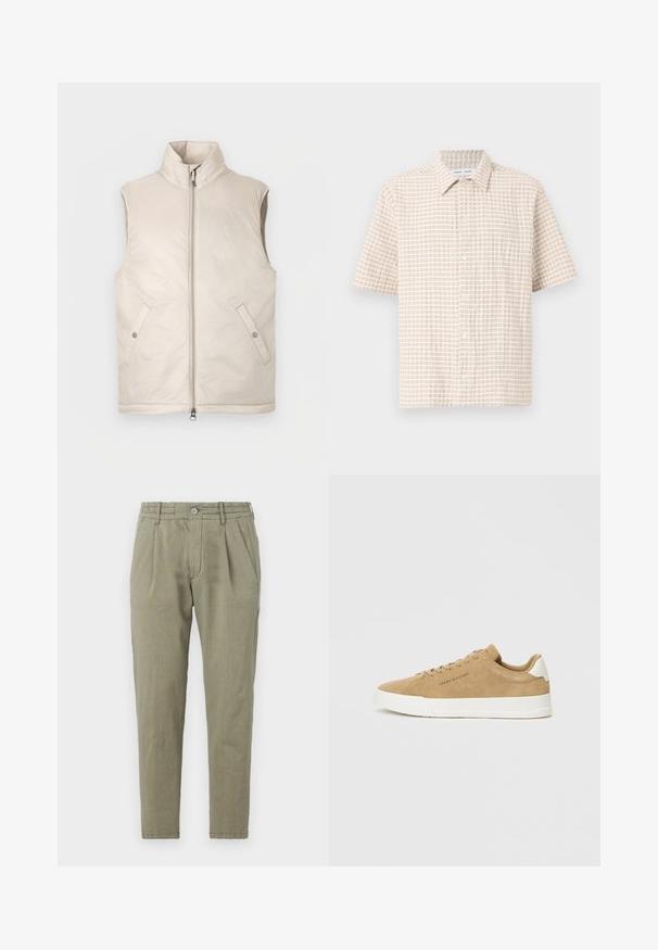 Chaleco acolchado sin mangas en color beige con cuello alto, cremallera frontal y dos bolsillos laterales, con una textura suave y diseño minimalista.; Camisa de manga corta en un tono beige claro, con un patrón de cuadrícula en marrón suave, diseño de botones en la parte delantera y un cuello clásico. Textura de tela suave.; Pantalones verde claro, ajustados y de tiro recto, hechos de una tela texturizada, con cierre de botón, frente con pliegues y bolsillos laterales.; Zapatillas de ante beige con suela de goma blanca, puntera redondeada, cordones planos y un logotipo sutil en el lateral. Textura suave y diseño minimalista.