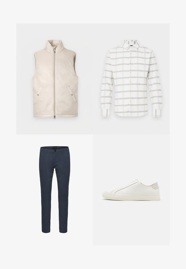 Beige uden ærmer, polstret vest med høj krave, lynlås foran og to sidelommer, med en glat tekstur og minimalistisk design.; Hvid skjorte med knapper, der har et ternet mønster i lysebeige og grå. Fremstillet af blødt stof med en standardkrave og justerbare manchetter.; Mørkeblå skræddersyede bukser lavet af stof, med knaplukning, for- og baglommer samt en slim fit design. Glat tekstur med subtil glans.; Hvide lædersneakers med en glat overflade, rund tå og minimalistisk design. Funktioner i beige nuancer på hælen og en gummisål.