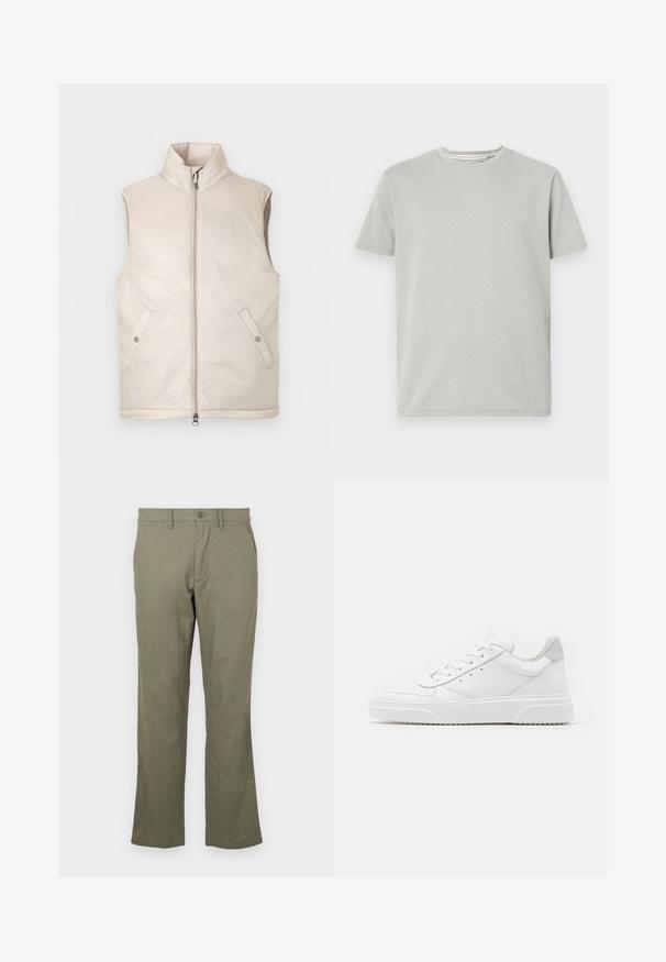Beige uden ærmer, polstret vest med høj krave, lynlås foran og to sidelommer, med en glat tekstur og minimalistisk design.; Lys grå kortærmet t-shirt med et struktureret mønster, rund hals og lige kant. Fremstillet af blødt, åndbart stof.; Afslappede olivengrønne bukser lavet af et blødt stof. Har en lige benlængde, forlommer og knaplukning. Ingen synlige mønstre.; Hvide lædersneakers med en glat finish, rund tå, flade snørebånd og en struktureret sål. Grå ruskindsdetalje ved hælen.