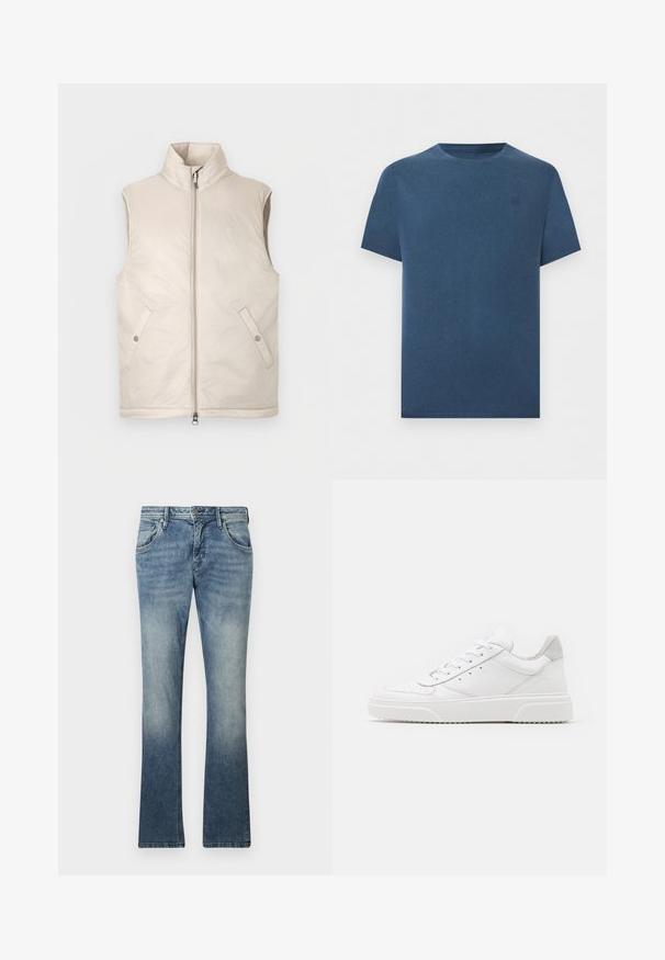 Beige-värinen, sleeveless toppaliivi, jossa on korkea kaulus, vetoketju edessä ja kaksi sivutaskua. Liivissä on sileä pinta ja minimalistinen muotoilu.; Lyhythihainen tummansininen pyöreäkauluksinen t-paita, hillitty logo vasemmassa rinnassa, yksinkertainen malli, valkoisella taustalla.; Vaaleansinisiä farkkuja, joissa on kellottuva lahje ja värivirhe, viisi taskua, metallinen napitus ja näkyvät ompeleet saumoissa.; Valkoiset nahkakengät, joissa on sileä pinta, pyöreä kärki, litteät nauhat ja teksturoitu pohja. Harmaa mokkanahka korostaa kantapäätä.