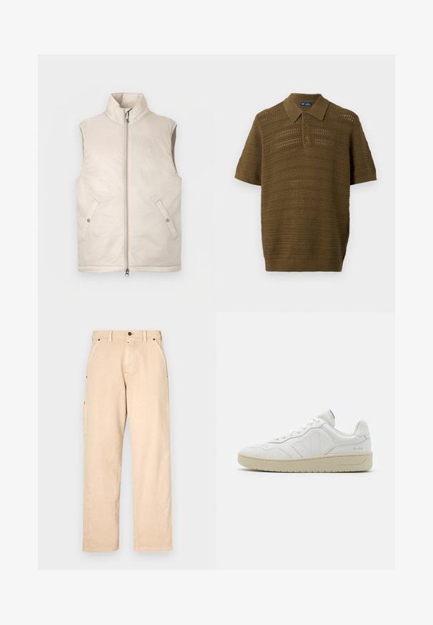 Veste sans manches matelassée beige avec un col haut, une fermeture éclair frontale et deux poches latérales, présentant une texture lisse et un design minimaliste.; Polo à manches courtes en vert olive, présentant un design en maille texturée et aérée avec des rayures horizontales et un col et un ourlet côtelés.; Pantalon en coton beige avec une coupe droite, doté de poches latérales, de passants de ceinture et d'une fermeture à bouton à l'avant. Texture lisse, design minimaliste.; Baskets en cuir blanc avec une finition texturée et un col rembourré. Elles sont dotées d'une semelle en caoutchouc beige et d'une discrète branding sur le talon et le côté.