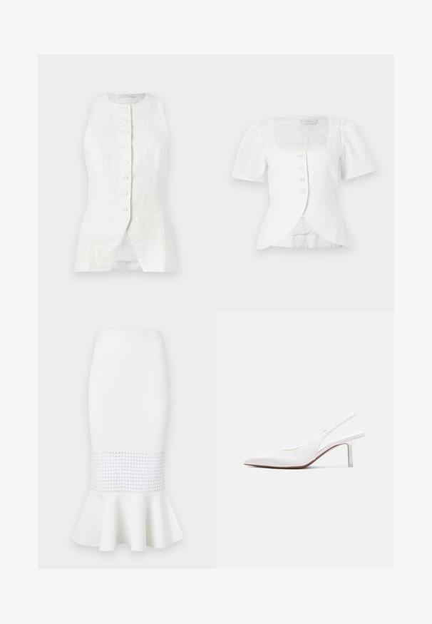 Haut sans manches en lin blanc avec un col rond, fermeture à boutons à l'avant et un ourlet fendu. Tissu texturé avec un aspect léger et aérien.; Blouse en lin blanc avec manches courtes bouffantes, encolure carrée et cinq boutons sur le devant. Comprend une taille cintrée et un ourlet superposé.; Jupe midi blanche en tissu côtelé, dotée d'un panneau en maille au niveau de l'ourlet avec un bas évasé. Texture lisse avec découpes circulaires.; Chaussure pour femme en cuir blanc avec bride arrière, bout pointu, petit talon kitten bas et petit nœud décoratif sur le dessus, vue de profil latéral.