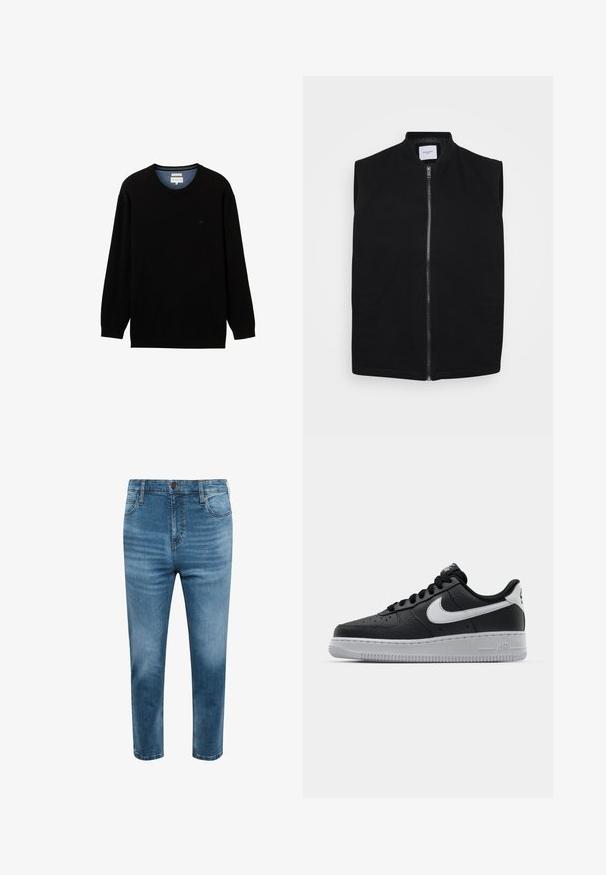 Sort ærmeløs vest lavet af et glat stof, med lynlås foran, høj krave og to sidelommer. Enkel design uden mønstre.; Sort langærmet sweater lavet af ribbet materiale med rund halsudskæring. Har et subtilt logo på brystet og en kontrasterende indvendig krave.; Blå denimjeans med slankt snit, fem lommer, bæltestropper og frontlukning med knap, vist mod en hvid baggrund.; Sort lædersneaker med tekstureret overflade, hvid Nike swoosh, grå sål, rund tå og snørebåndsdesign. Har perforeringer på tåboksen.
