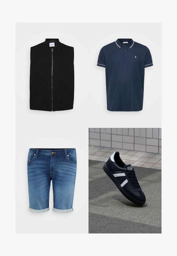 Sort ærmeløs vest lavet af et glat stof, med lynlås foran, høj krave og to sidelommer. Enkel design uden mønstre.; Marineblå polo t-shirt lavet af tekstureret stof, med klassisk krave, tre knapper og hvidt kantbånd på ærmerne og kraven. Lille logo på brystet.; Denim shorts i mellemblå med en let fading, der har knappelukning, fem lommer og opsmøgte kanter for et afslappet look.; Sort lædersneaker med hvide striber, tekstureret gummisål og snørrebånd foran. Har et brandet mærke på tungen.