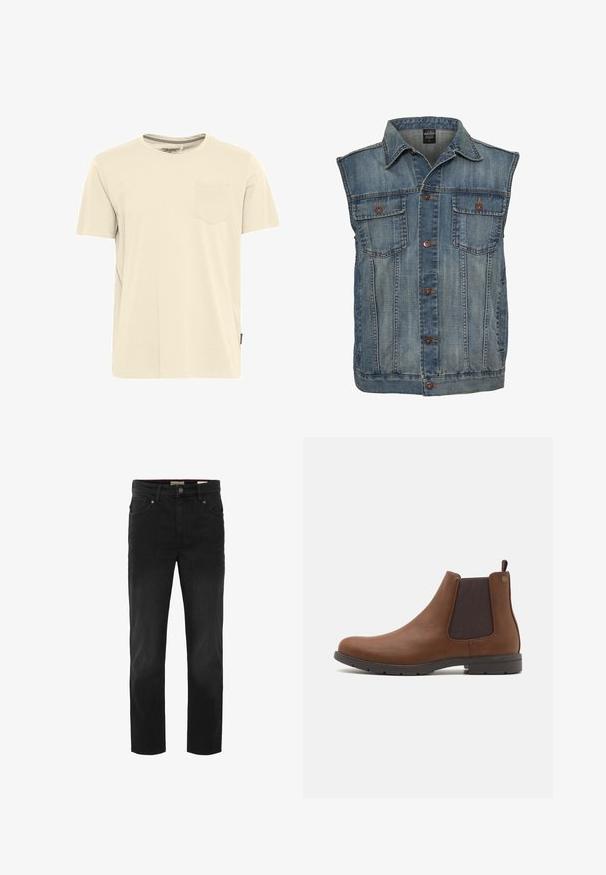 Chaleco de mezclilla en azul deslavado con un diseño sin mangas. Presenta dos bolsillos en el pecho, botones de metal y un cuello. Tejido texturizado.; Camiseta de algodón de color beige claro y de manga corta, con un cuello redondo y un pequeño bolsillo en el pecho izquierdo. Detalle texturizado en el cuello.; Jeans de denim negro con un diseño de pierna recta. Cuenta con cinco bolsillos, un cierre de botón y una textura sutil. Acabado limpio y clásico.; Jack & Jones JFWFENCHURCH CHELSEA BOOT - Botines - cognac