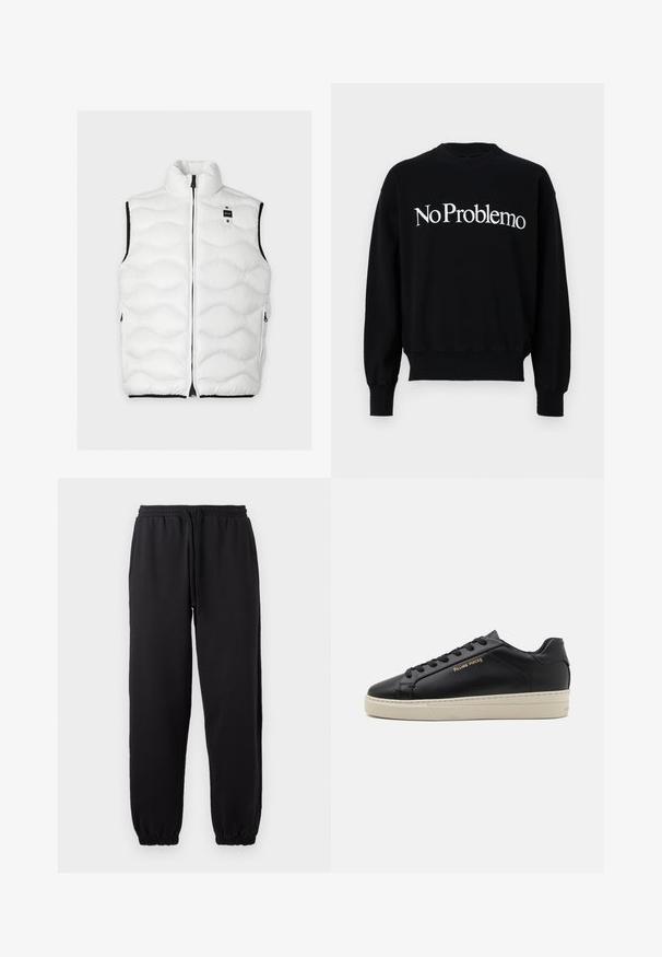 Chaleco acolchado blanco sin mangas con cuello alto, cremallera frontal, bolsillos laterales con cremallera y pequeña placa con el logo negro en el pecho.; Sudadera negra, de cuello redondo, con texto blanco "NoProblemo" en el pecho. Puños y dobladillo acanalados, textura de tela suave.; Pantalones jogger negros hechos de una tela suave, con cintura elástica y cordón ajustable, y dobladillos en los tobillos.; Zapatilla de cuero negra con un acabado suave, suela crema en contraste, puntera redonda, logo dorado en el lateral y seis ojales para los cordones.